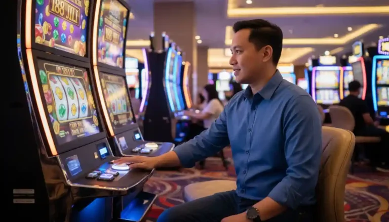 Filipino player inside a modern casino playing a colorful 188 JILI-style slot machine with vibrant gold and gem symbols on screen.