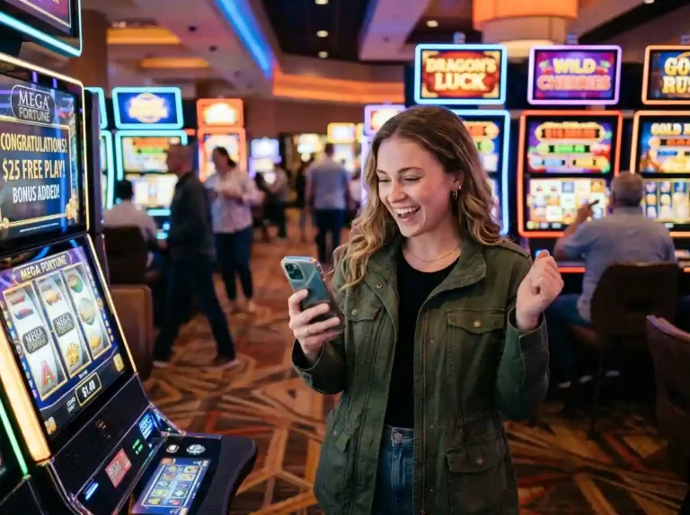 Person inside a casino using smartphone to claim jilibet free 60 bonus while exploring slot machines