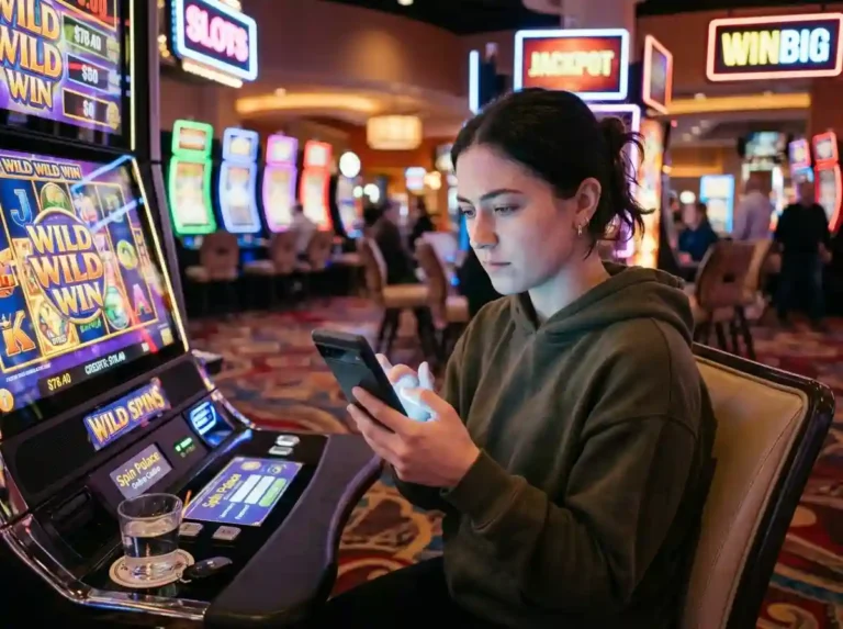 erson inside a casino using smartphone for jiliko com login to access online gaming account