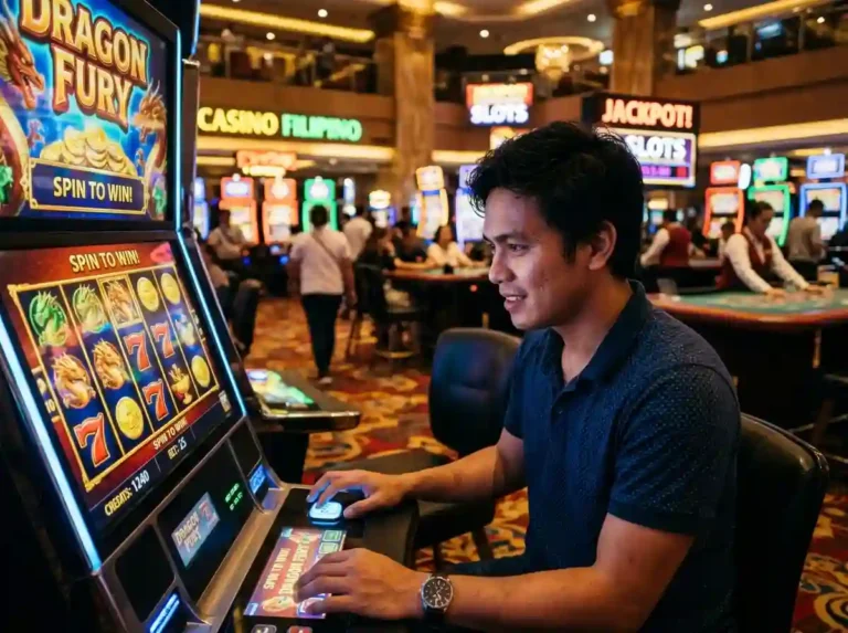 Filipino player inside jilino1 casino playing slot machine in a modern gaming environment
