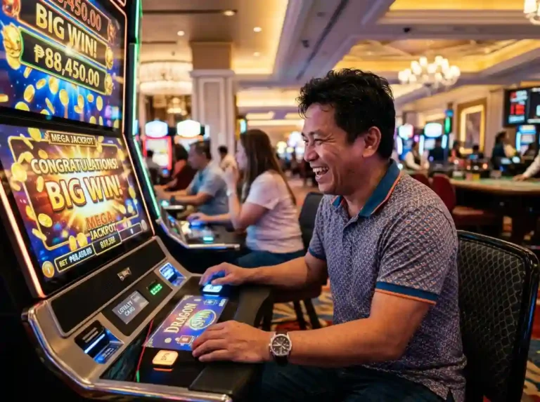 Filipino player enjoying mega panalo casino games inside a modern casino while winning on a slot machine