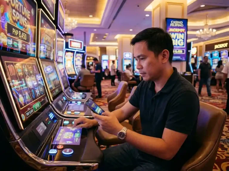 Filipino player enjoying online gambling Philippines experience inside a modern casino setting