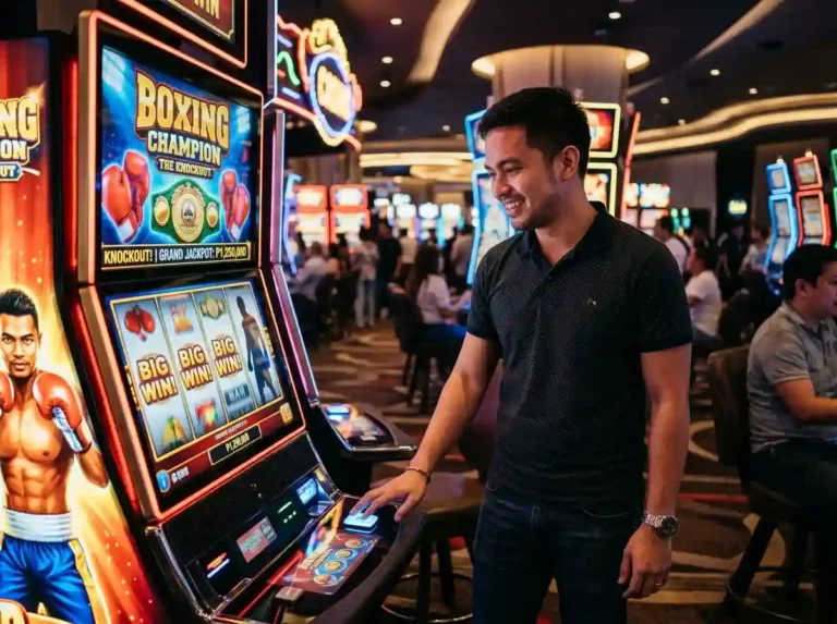 Filipino player enjoying pacquiao casino themed slot machine inside a modern casino